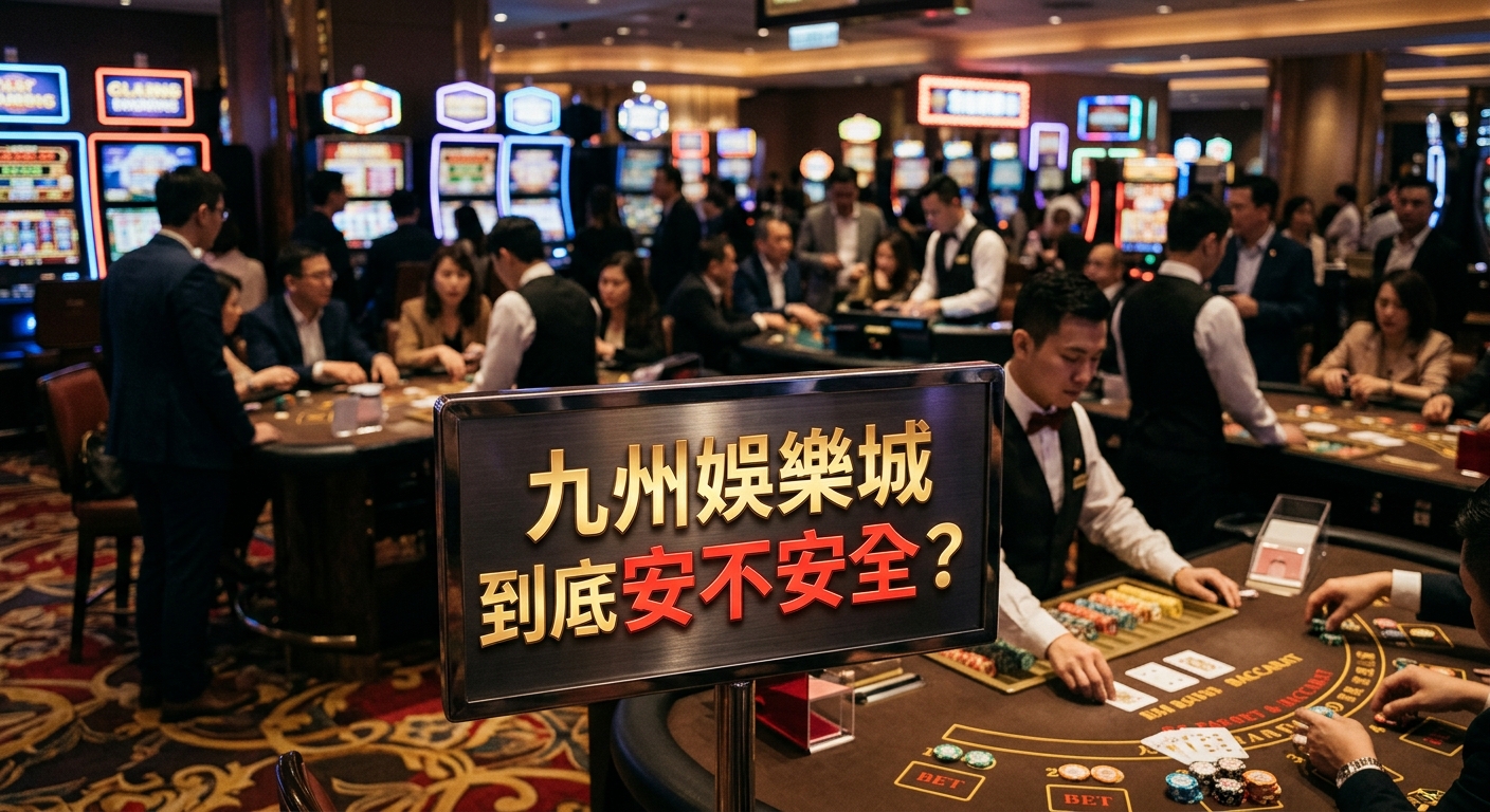 這張圖片展示了一個熱鬧的賭場內部場景,背景中有許多桌遊與荷官。 畫面中央擺放著一面醒目的告示牌,上面印有「九州娛樂城到底安不安全?」的字樣。