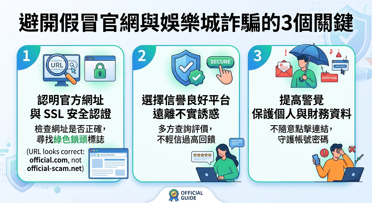 這張圖表採用現代簡約的科技風格,上方展示著醒目的標題「避開假冒官網與娛樂城詐騙的3個關鍵」。 下方則以藍綠色調劃分為三個關鍵步驟,配合清晰的圖示與文字說明如何識別網絡詐騙並保護個人資訊。