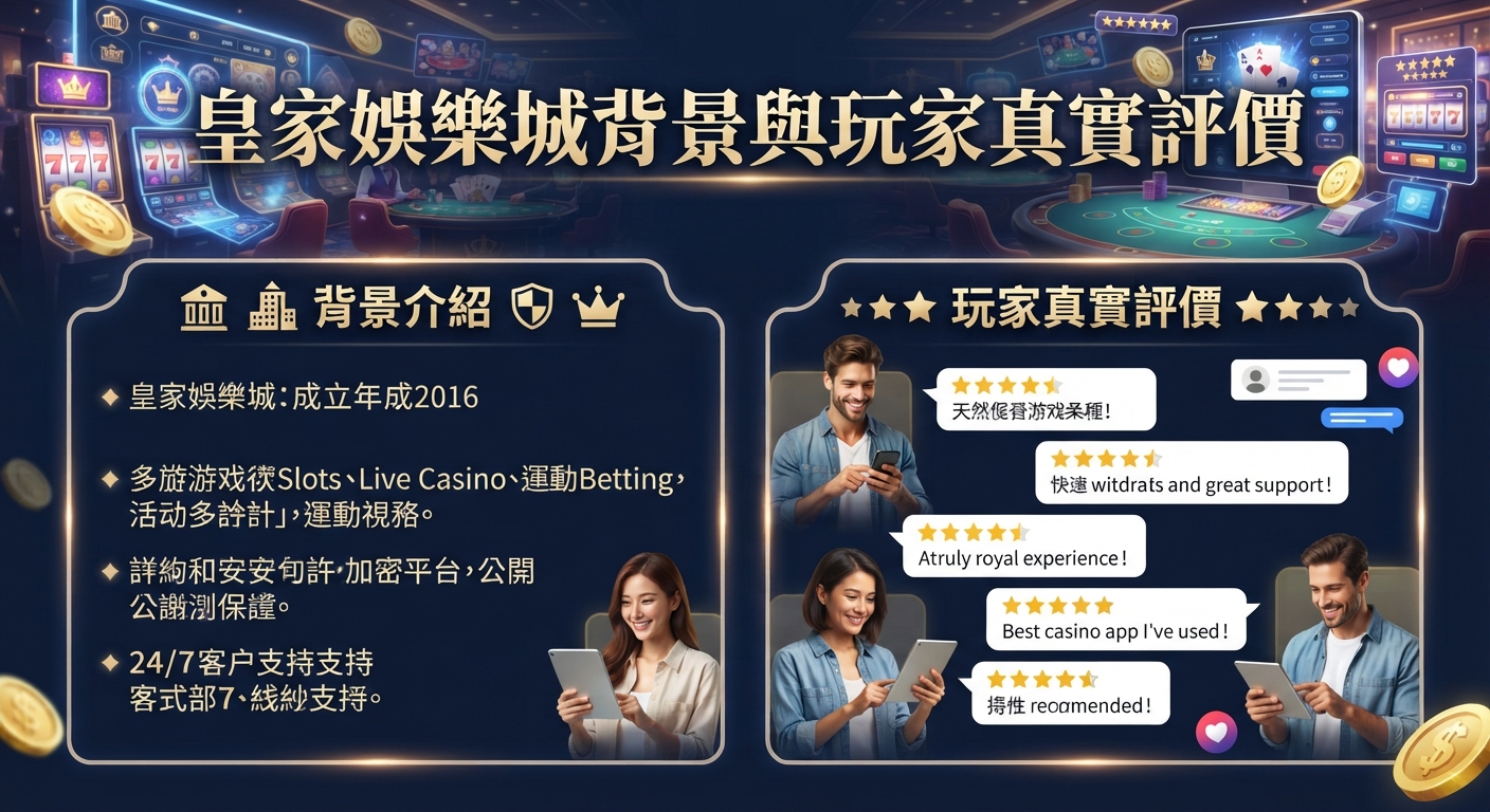 圖片展示了皇家娛樂城的主題背景與玩家真實評價。 畫面結合了賭場元素的視覺設計及用戶評分回饋。