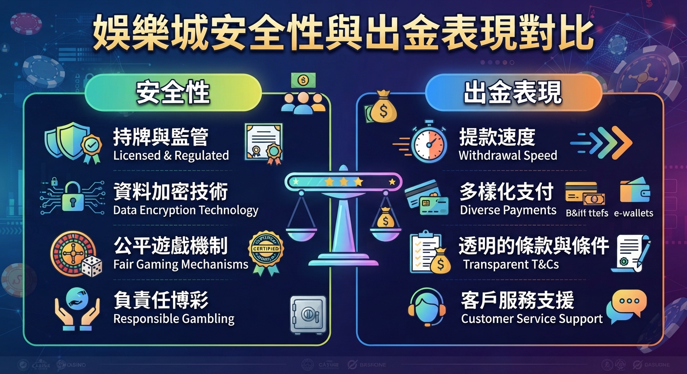 圖片以「娛樂城安全性與出金表現對比」為標題,左右兩側分別對比了安全性的四大核心要素與出金表現的各項評估指標。 畫面中央設有一座天平與安全鎖圖標,並輔以豐富的圖圖示與雙語標籤,突顯線上娛樂城評測的專業性。